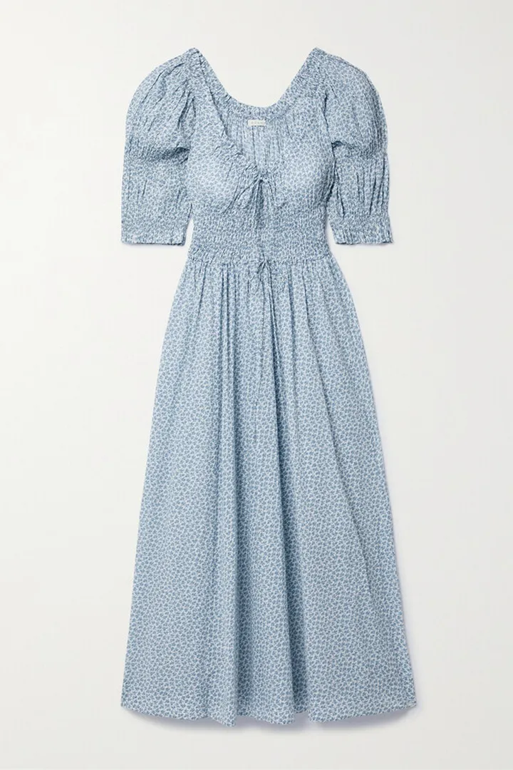 DÔEN - Ischia Shirred Floral-print Organic Cotton-voile Maxi Dress - Blue