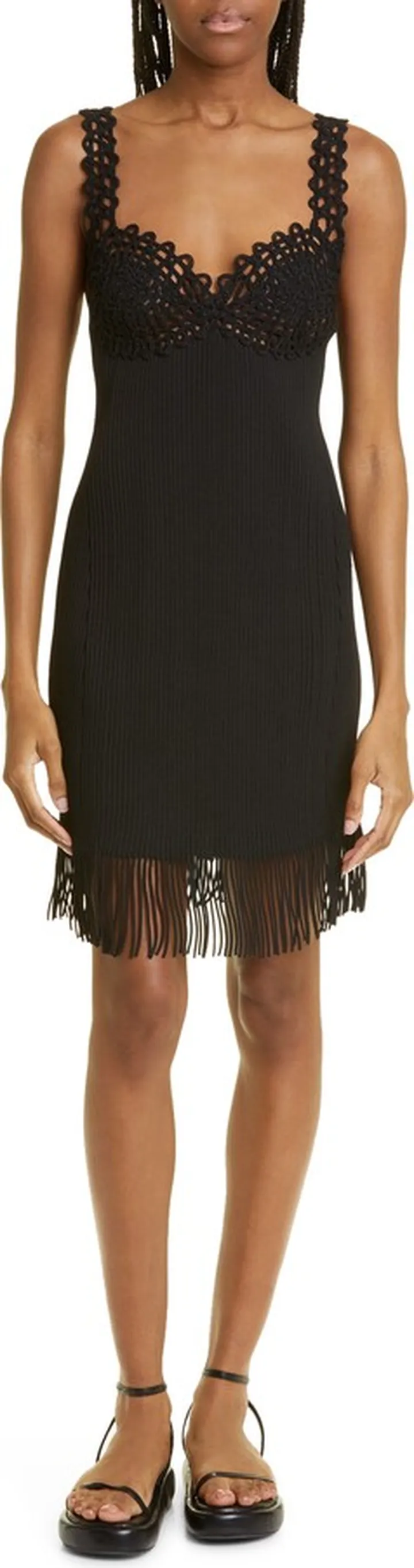 Crochet Bodice Fringe Hem Rib Sweater Dress