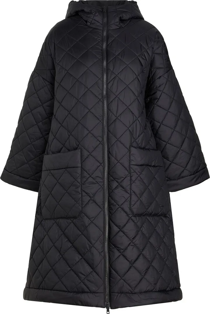 Recycled Nylon Quilted Hooded Puffer Coat Down Jacket Black