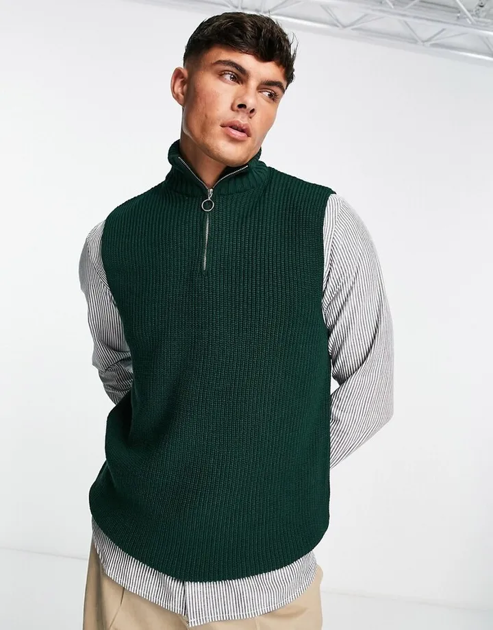 New Look sleeveless funnel neck fisherman rib knit vest in dark green