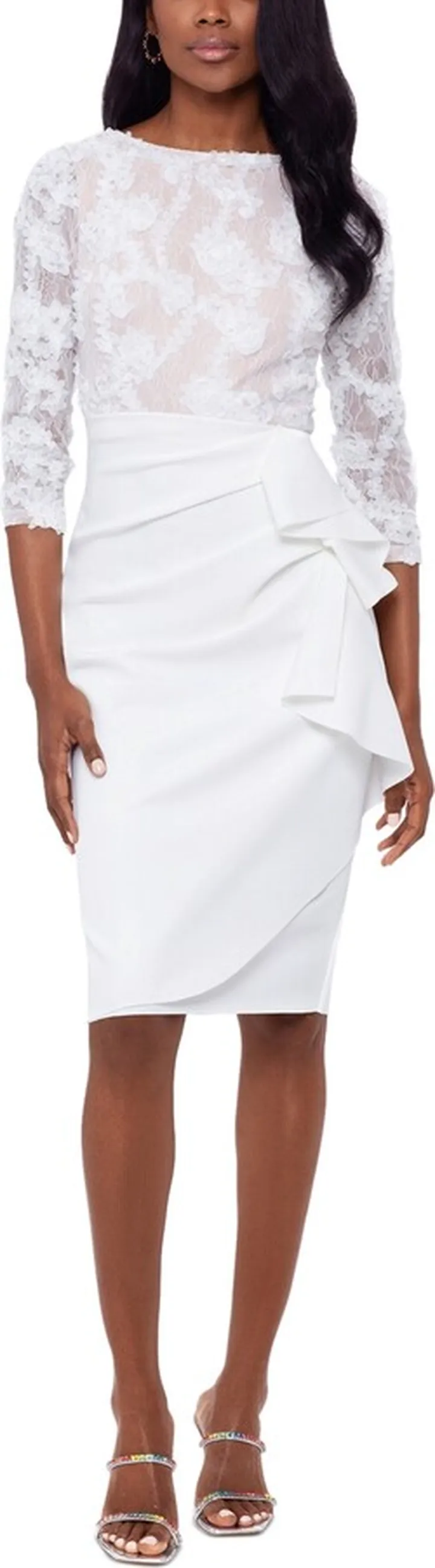 Xscape Women's Boat-Neck Lace-Top Draped-Skirt Dress