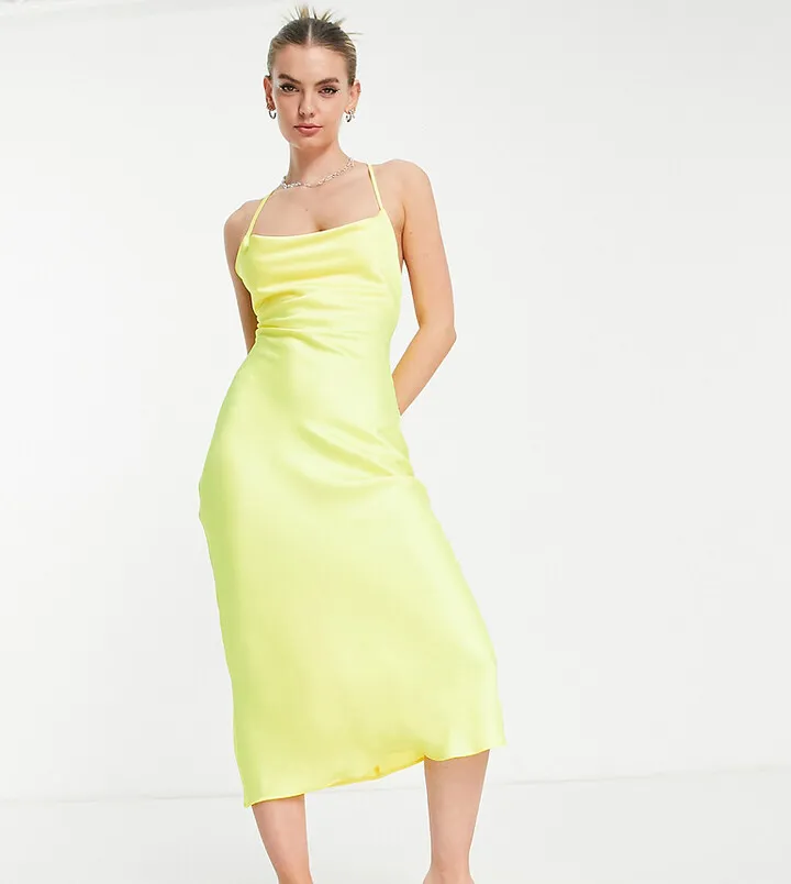 COLLUSION satin cowl neck midi dress in bright yellow