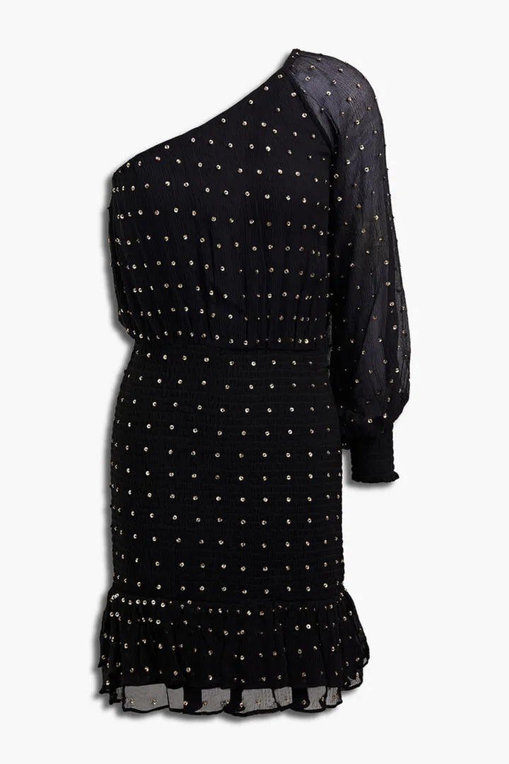 One-shoulder embellished silk-crepon mini dress