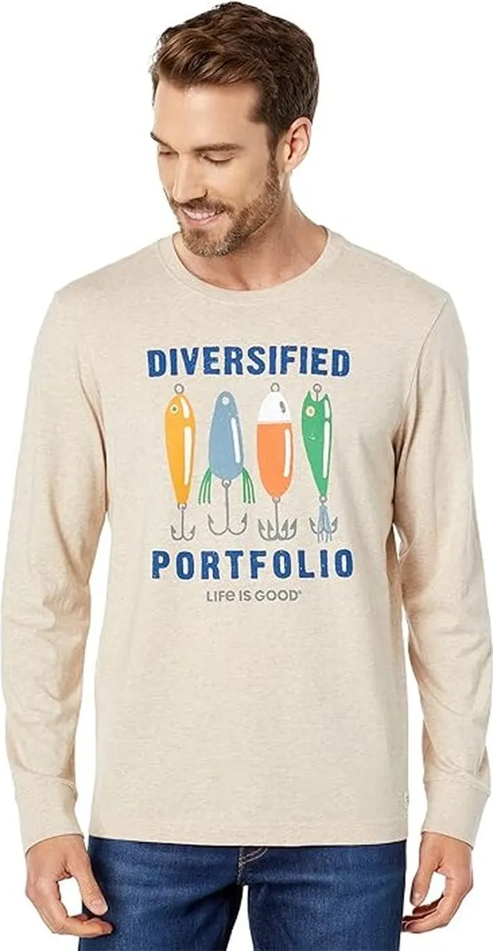 Life is Good Diversified Portfolio Fishing Long Sleeve Crusher Tee (Heather Almond) Men's Clothing