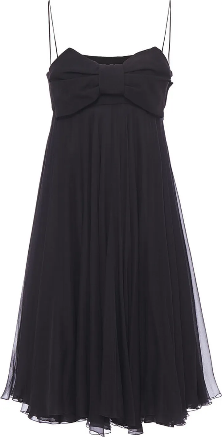Bow-embellished ruffled silk-chiffon and woven mini dress