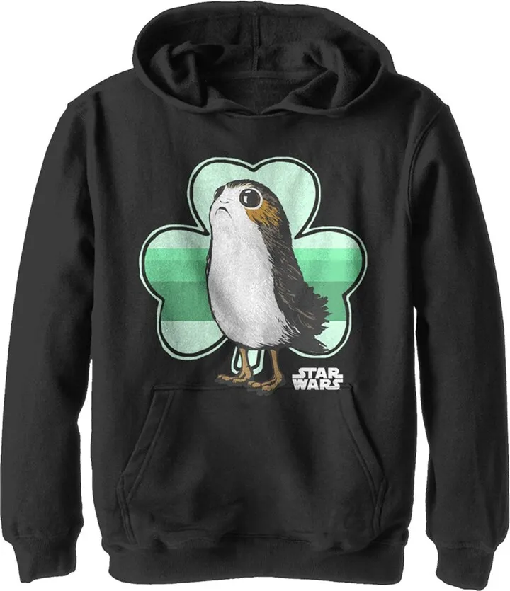 Boy's Star Wars St. Patrick's Day Porg and a Shamrock Pull Over Hoodie - Black - Medium