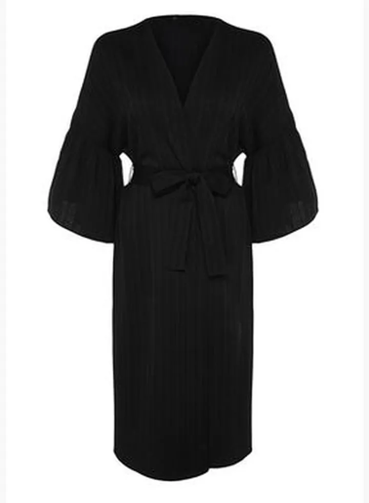 Black Belted Maxi Woven Flounce Linen Blend Kimono & Kaftan