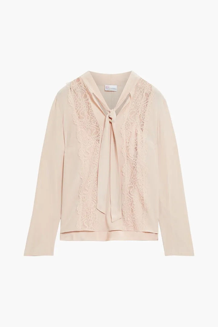 Tie-neck lace-paneled silk crepe de chine blouse