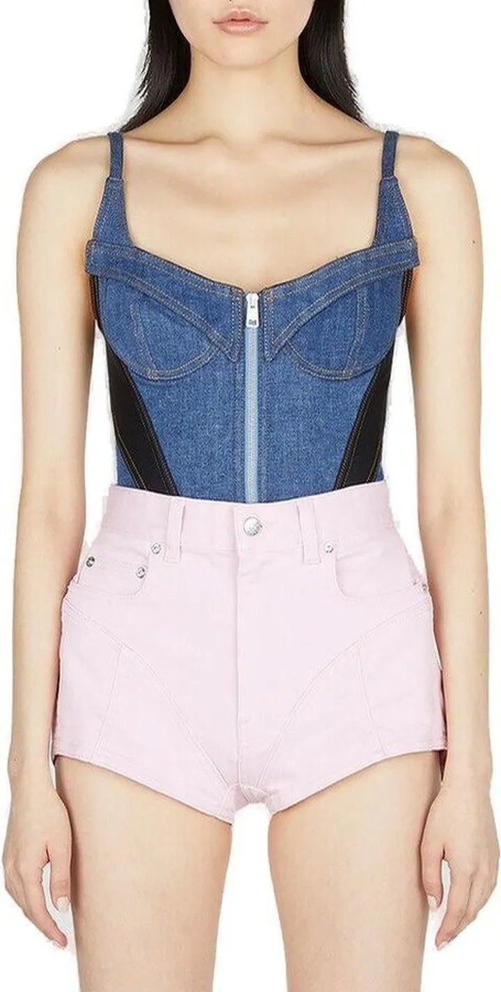 Mugler Panelled Denim Zip-Up Bodysuit