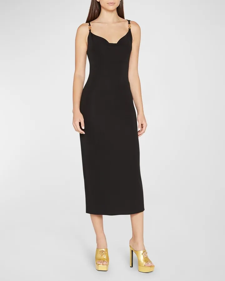 Cowl-Neck Medusa-Strap Jersey Midi Dress