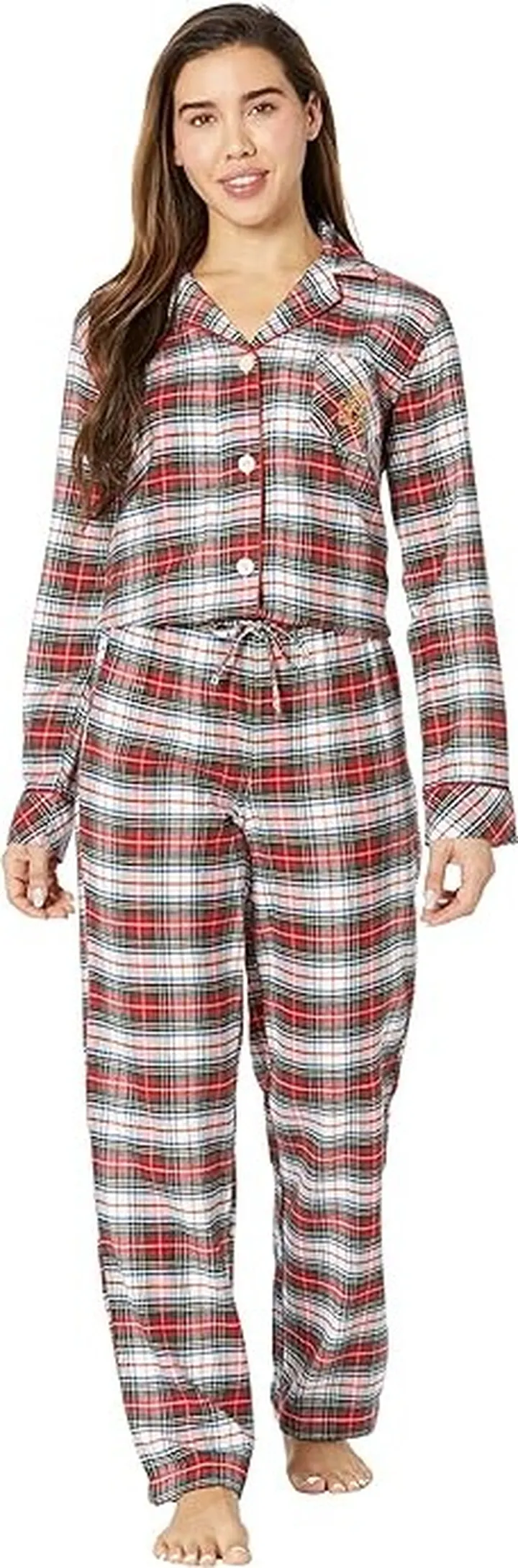 LAUREN Ralph Lauren Long Sleeve Brushed Twill Notch Collar PJ Set (Ivory Plaid) Women's Pajama Sets