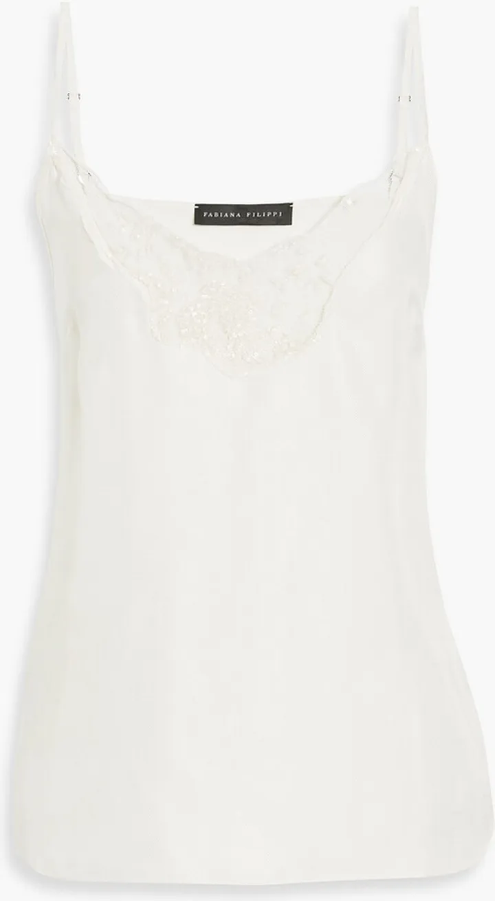 Embellished tulle-paneled silk-twill camisole