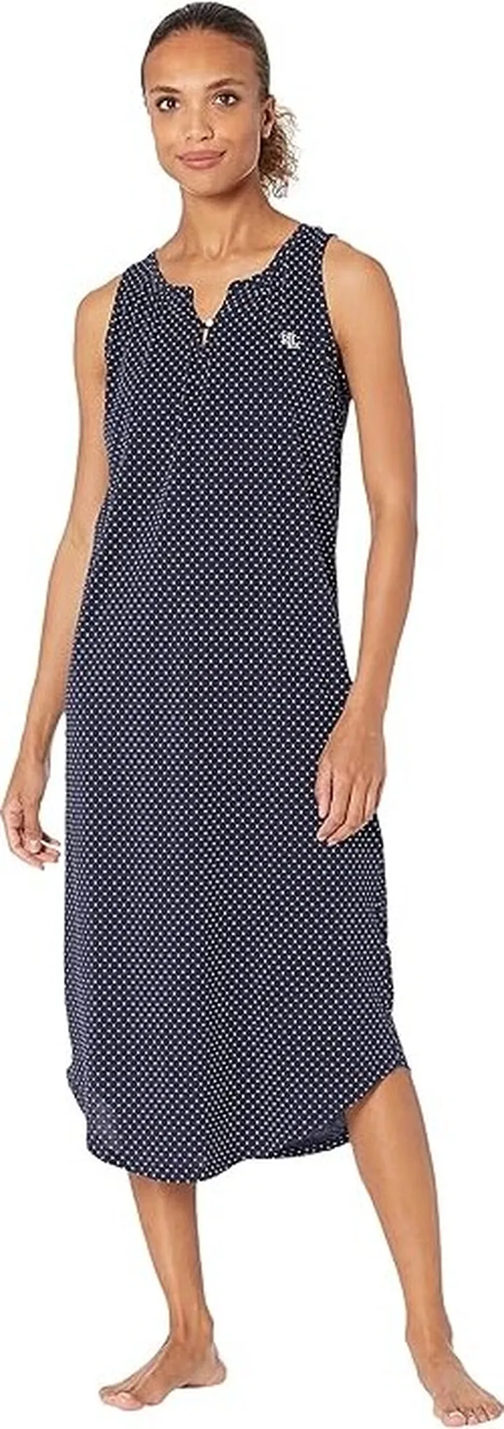 LAUREN Ralph Lauren Sleeveless Split-Neck Ballet Gown with Soft Bra (Navy Dot) Women's Pajama