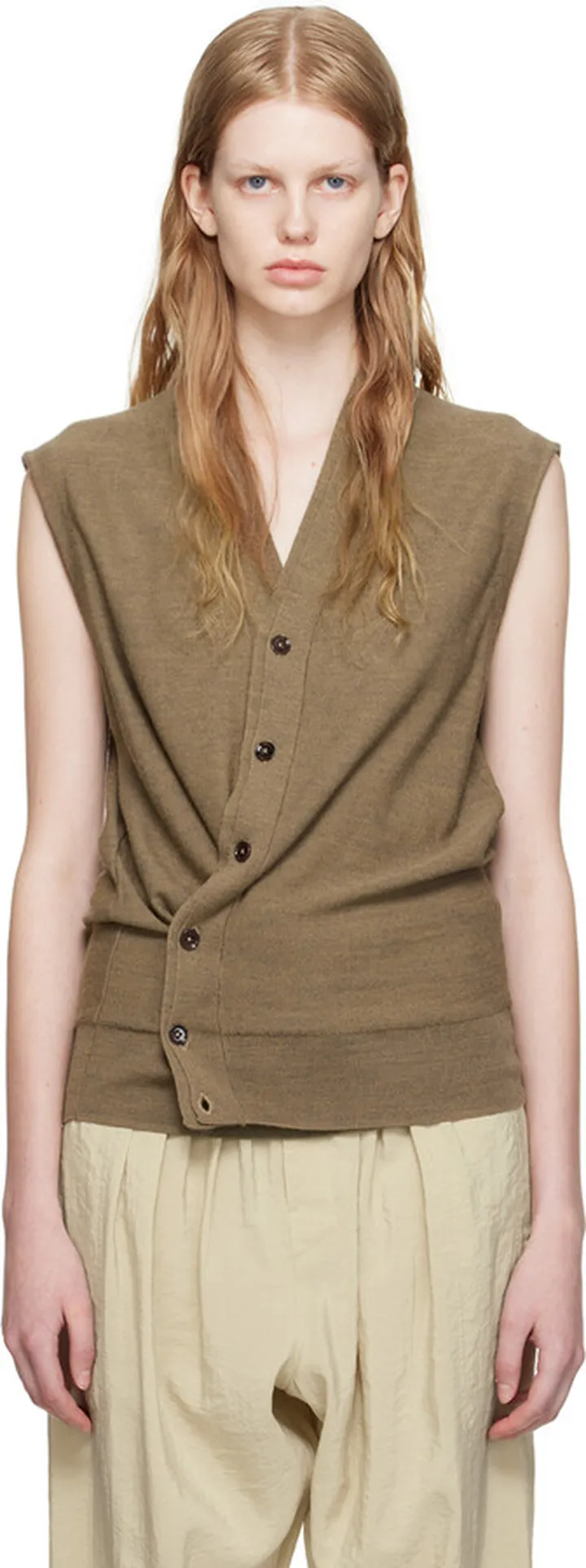 LEMAIRE Taupe Sleeveless Twisted Cardigan