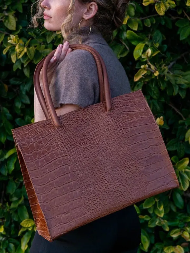 Marie Turnor Merci Tote - Tabac Embossed Croc-Print