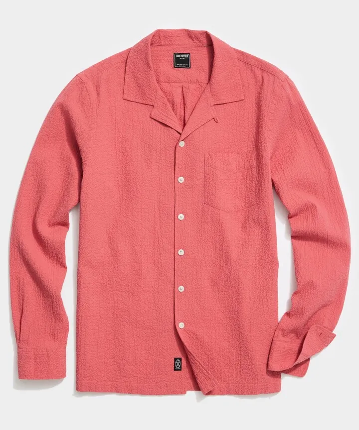 Portuguese Seersucker Camp Collar Long Sleeve Shirt in Old Red