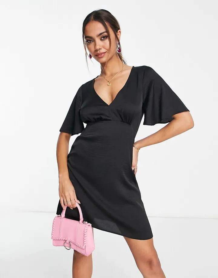 ASOS DESIGN satin angel sleeve mini tea dress in black
