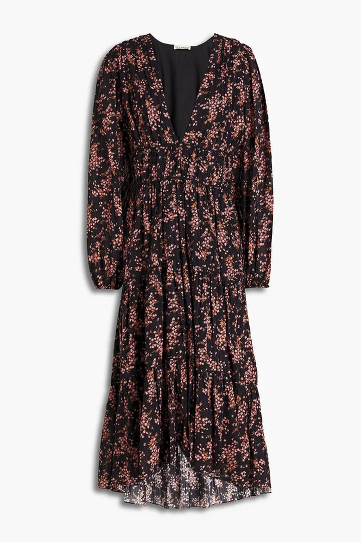 Joan gathered floral-print cotton-blend jacquard midi dress