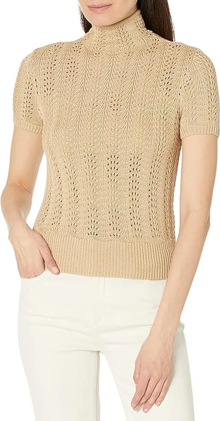 LAUREN Ralph Lauren Pointelle Short Sleeve Turtleneck (Birch Tan) Women's Clothing