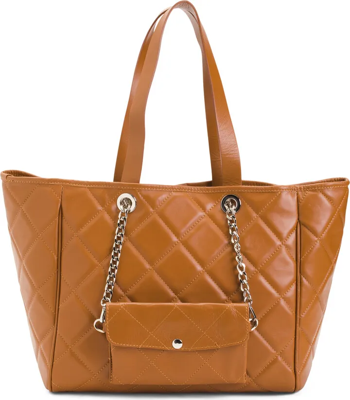 Made In Italy Leather Quilted Tote With Pouch