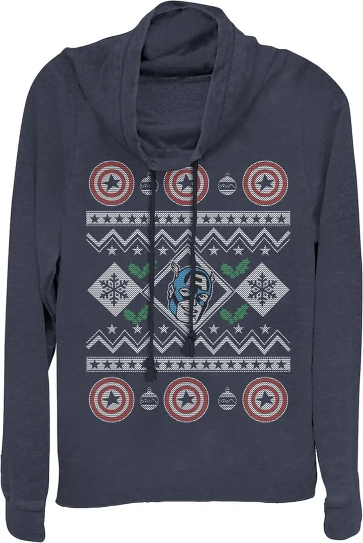 Junior's Marvel Ugly Christmas Captain America Cowl Neck Sweatshirt - Navy Blue - X Small