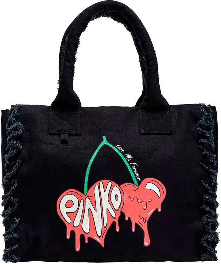 Black Tote Beach Bag With Logo Print In Canvas Woman