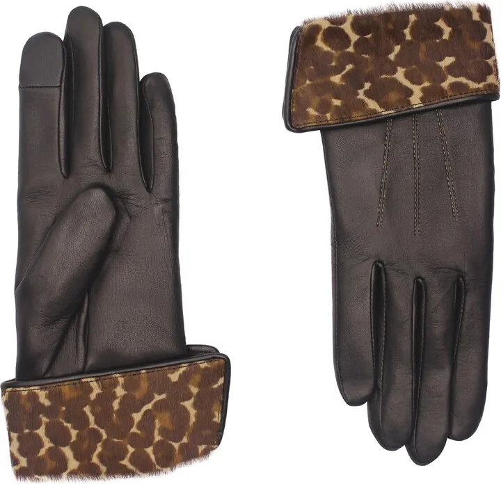 Leopard Print Genuine Calf Hair Cuff Leather Gloves