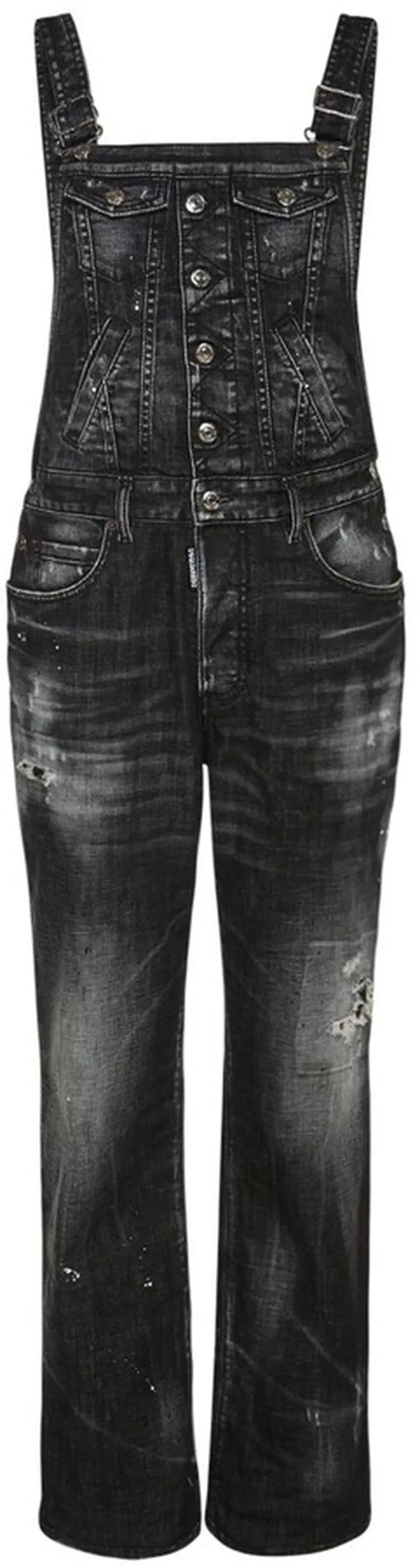 Distressed cotton denim overalls