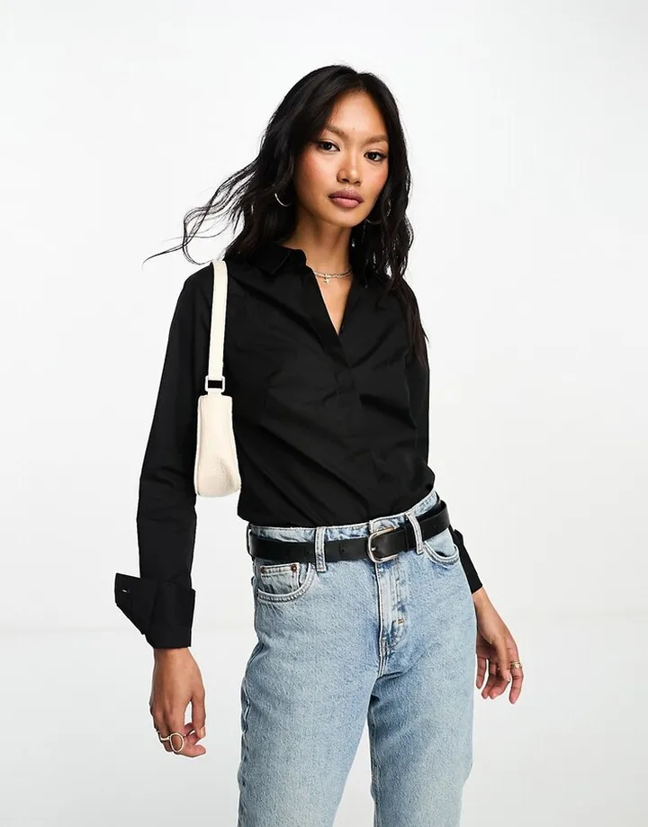 ASOS DESIGN long sleeve fitted shirt in stretch cotton in black