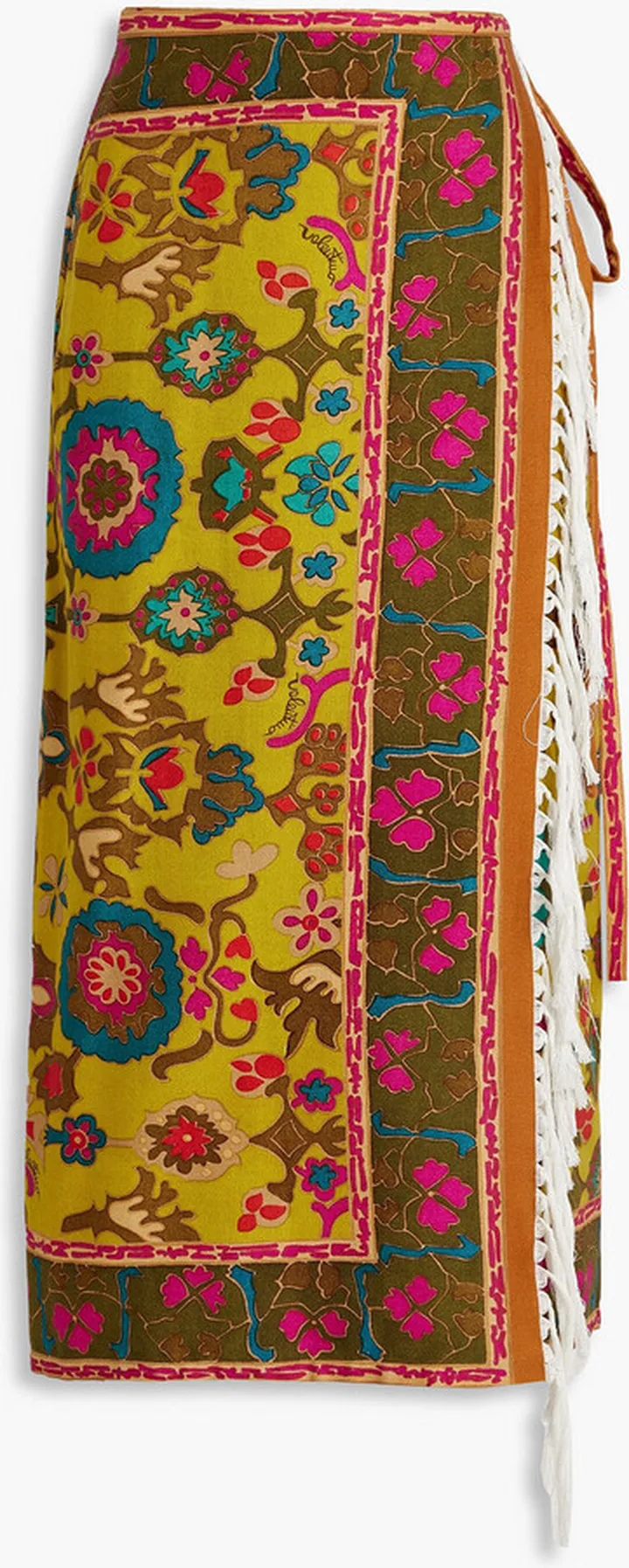 Tasseled printed cotton-twill midi wrap skirt
