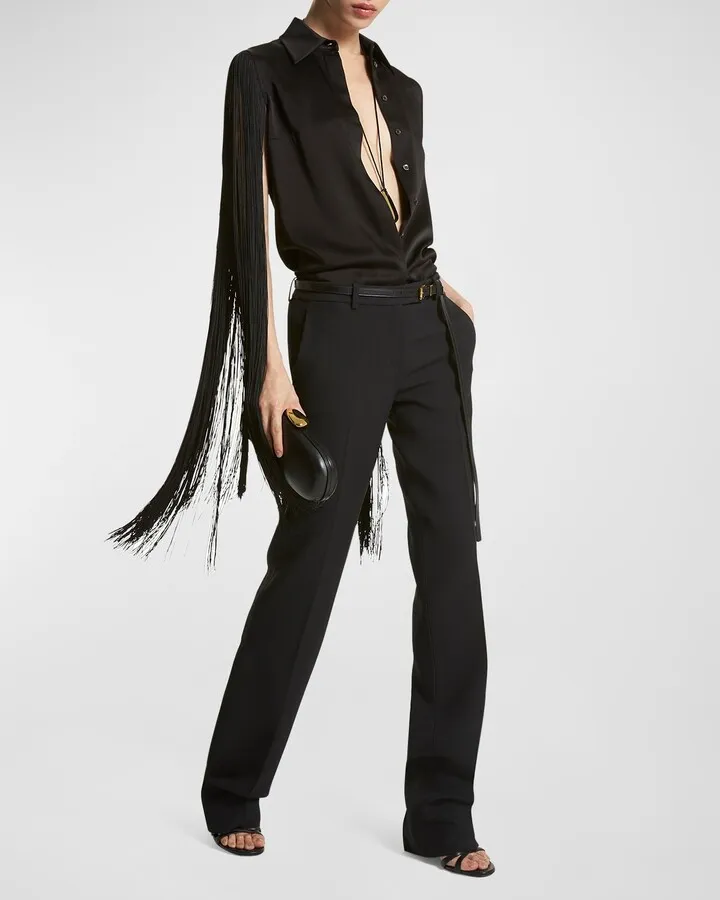 Fringe-Sleeve Techno Charmeuse Shirt