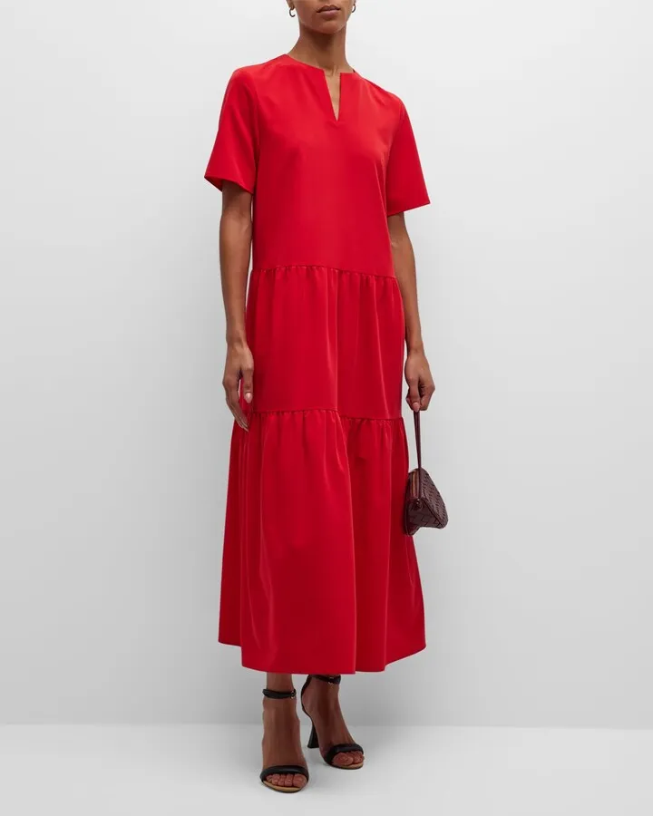 Tiered Split-Neck Maxi Dress