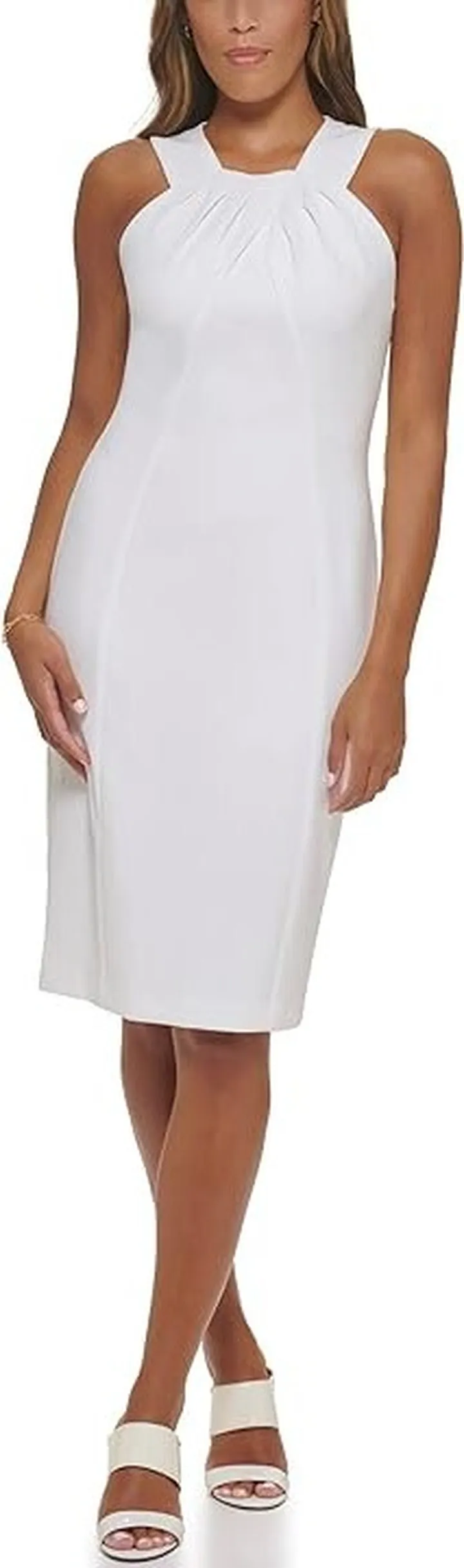 Calvin Klein Pleated Halter Neck Scuba Crepe Sheath (Cream) Women's Dress