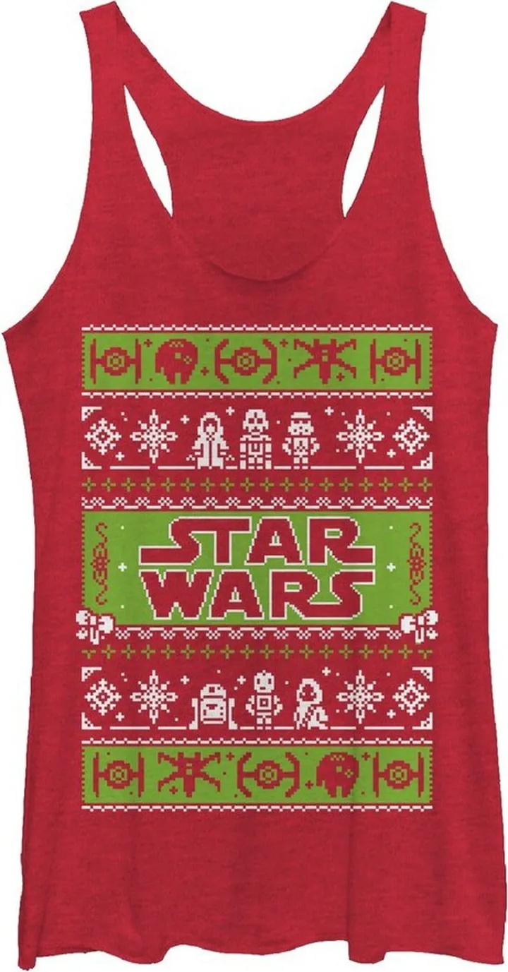 Women's Star Wars Ugly Christmas Merry Side Racerback Tank Top - Red Heather - X Large
