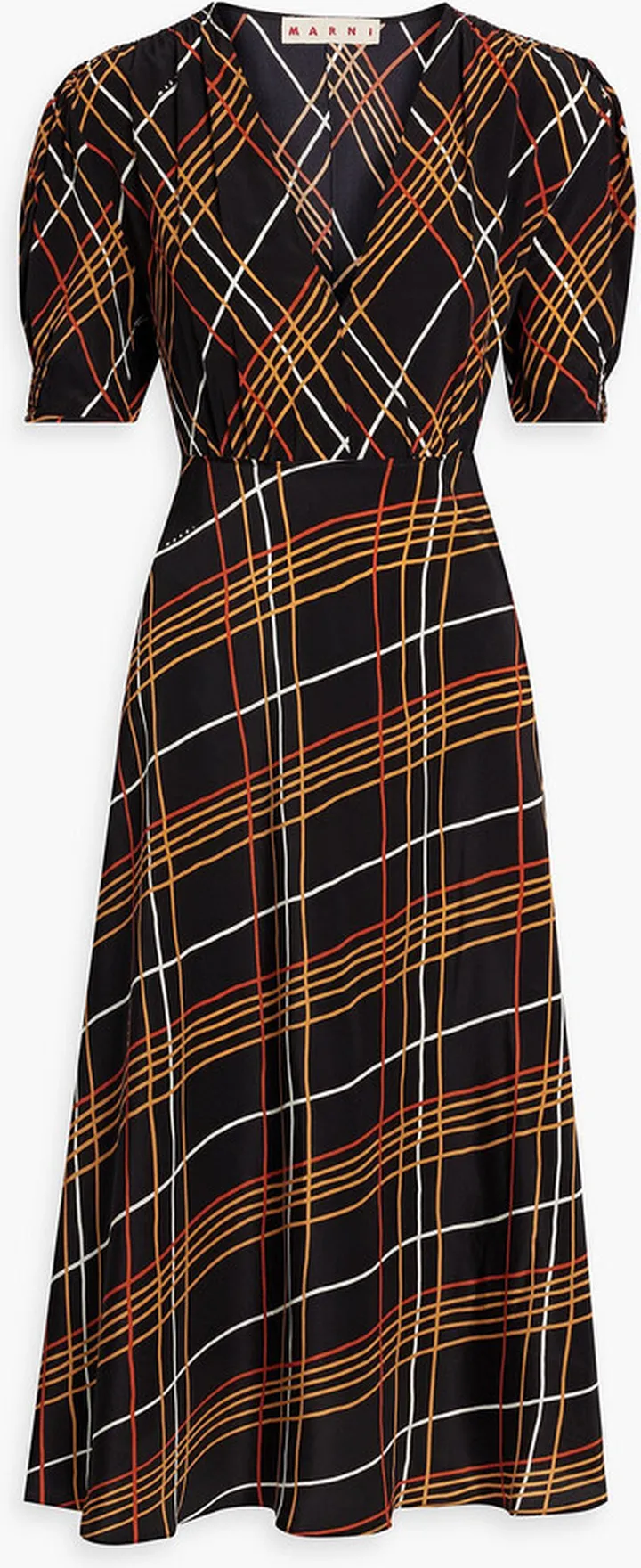 Pleated checked silk crepe de chine midi dress