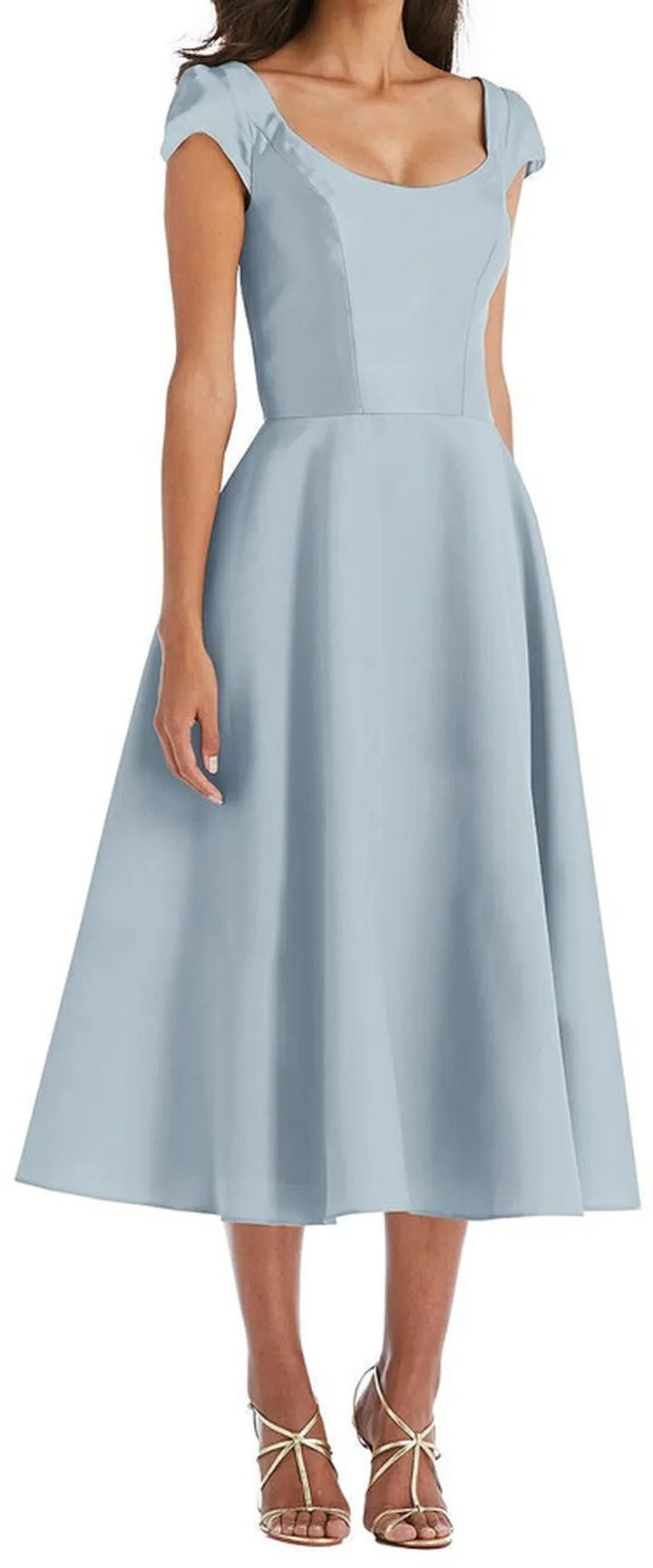 Puff Cap Sleeve Full Skirt Satin Midi Dress