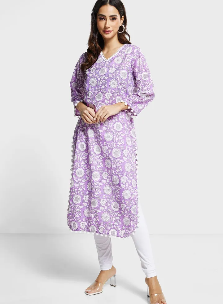 Floral Print Lace Detail Kurti