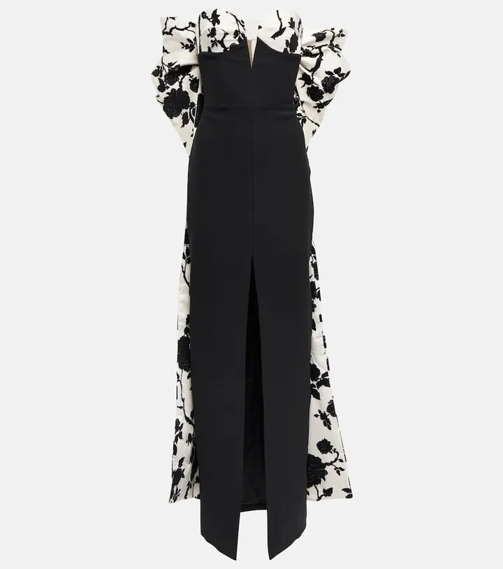 Bow-trimmed jacquard and crepe gown