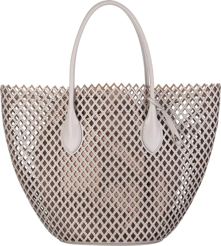 Large Perforated Pearl Grey Shopping Bag With All-over Micro Studs