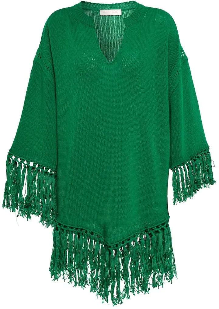 Fringe-trimmed virgin wool poncho