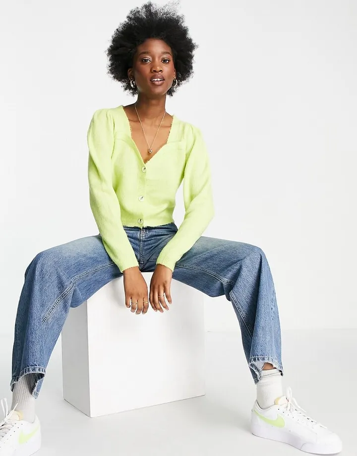Miss Selfridge chartruese puff sleeve cardigan - LGREEN