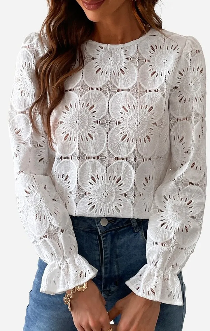 Women's Long Sleeve Embroidered Floral Eyelet Blouse Shirt- Cupshe -White-XS