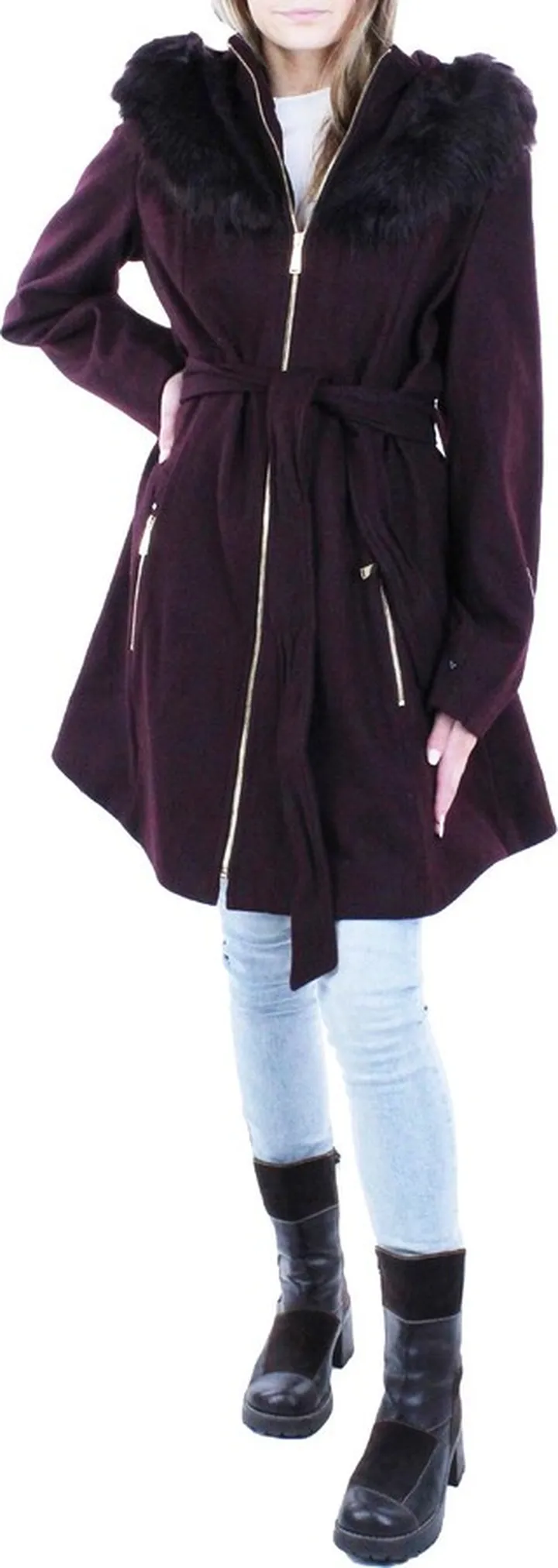 Womens Faux Fur Midi Wool Coat