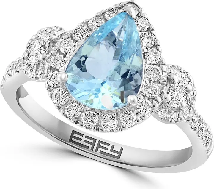 14K White Gold Diamond Halo Aquamarine Ring - 0.54 ctw. - Size 7