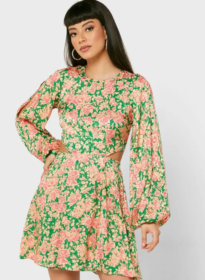 Balloon Sleeve Floral Print Dress