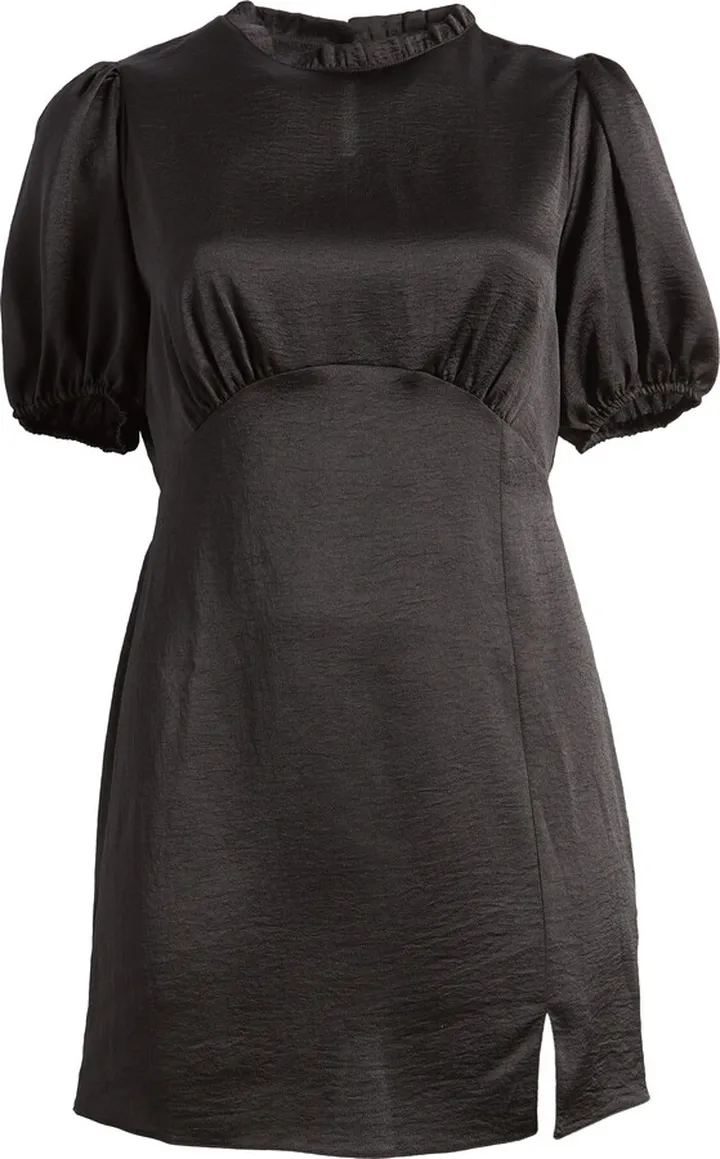 Curve Ruffle Neck Puff Sleeve Satin A-Line Dress