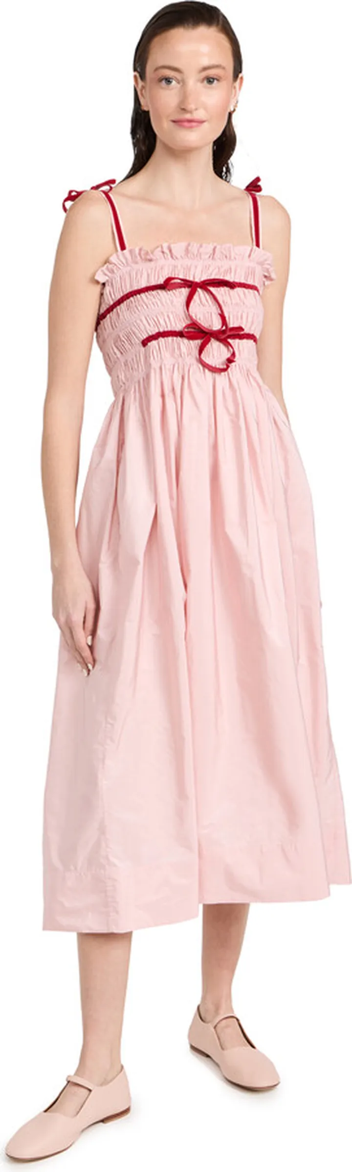 Molly Goddard Taffeta Shiirred Midi Dress with Velvet Tie