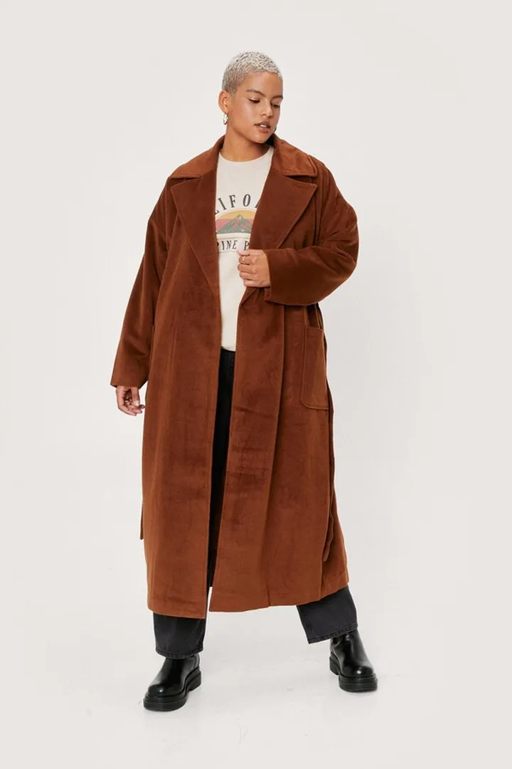 Nasty Gal Womens Plus Size Oversized Belted Wool Look Coat