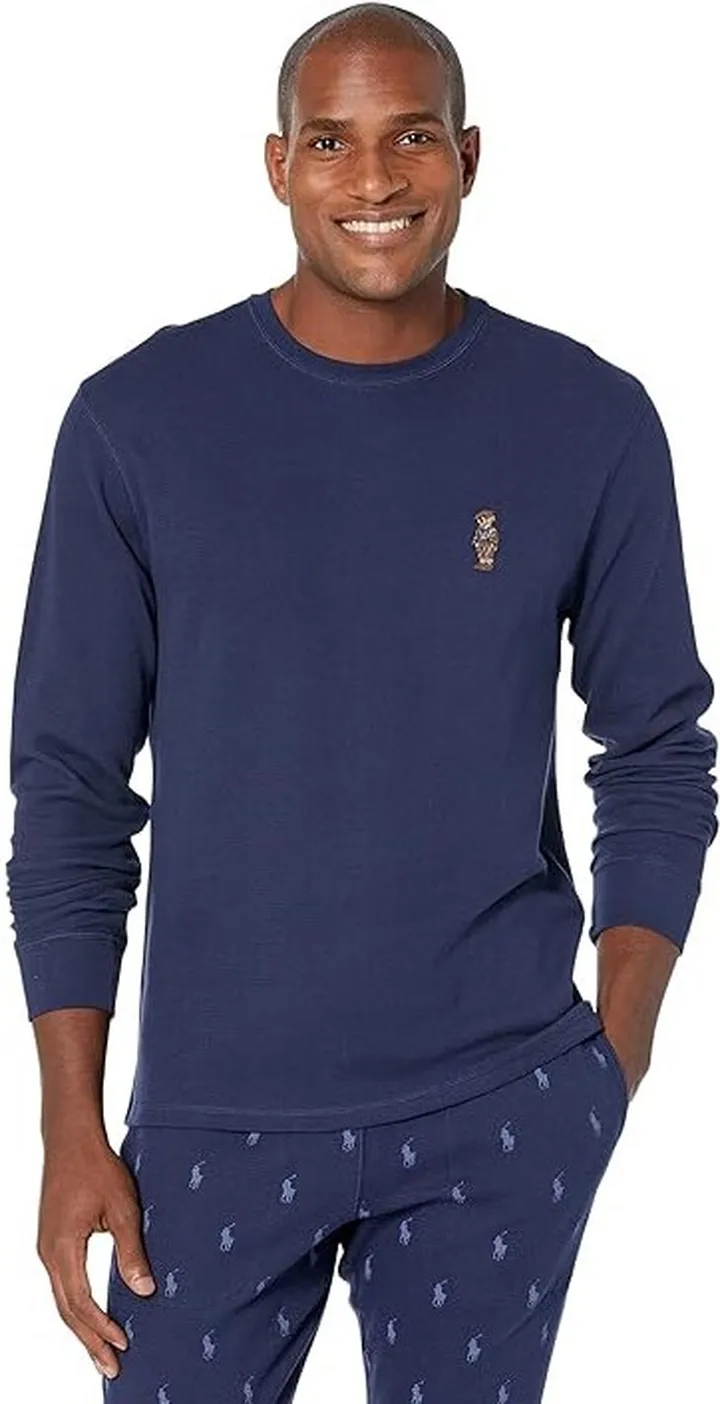 Polo Ralph Lauren Polo Bear Midweight Waffle Long Sleeve Sleepwear Crew (Cruise Navy Heritage Icon Bear) Men's Pajama
