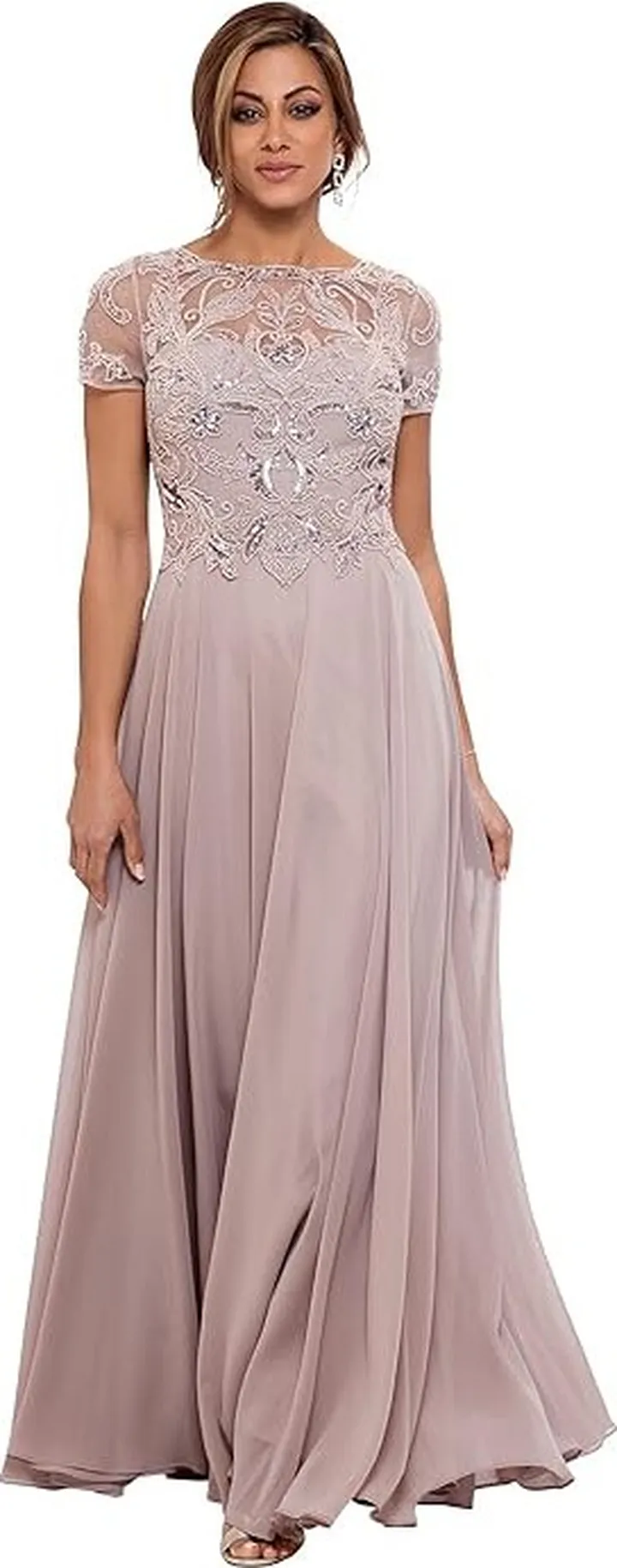 XSCAPE Long Chiffon Skirt with Bead Top (Taupe) Women's Evening